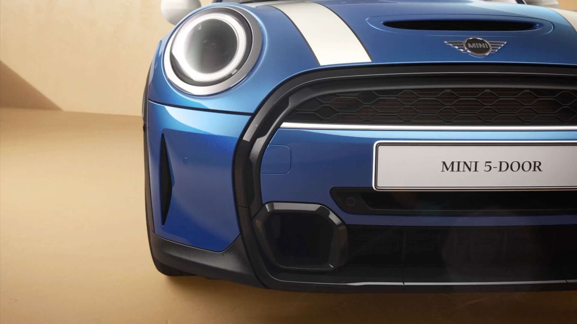 MINI 5 door – Vorderansicht – blau und weiss