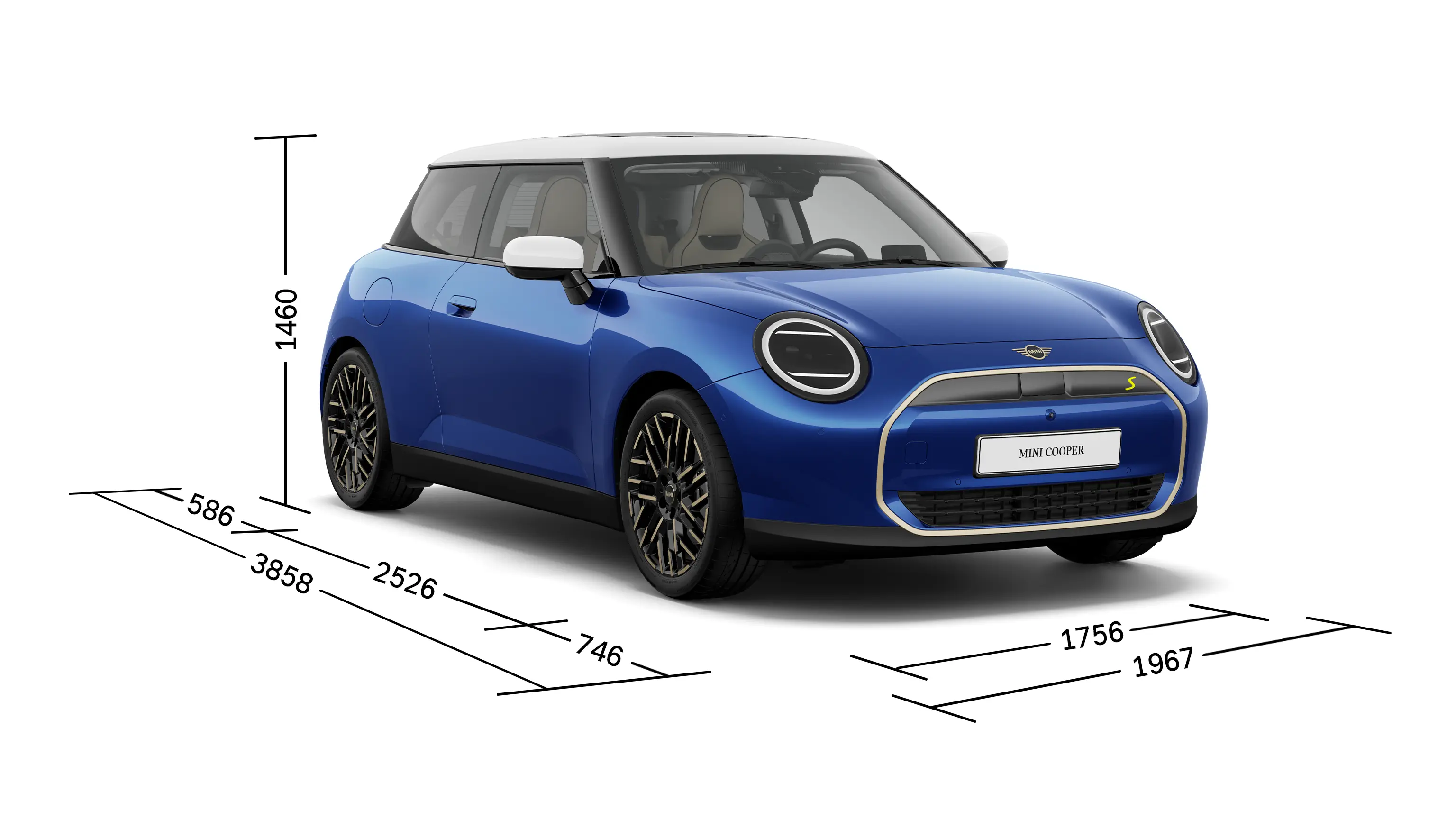 MINI Cooper Electric – Vorderansicht mit Abmessungen