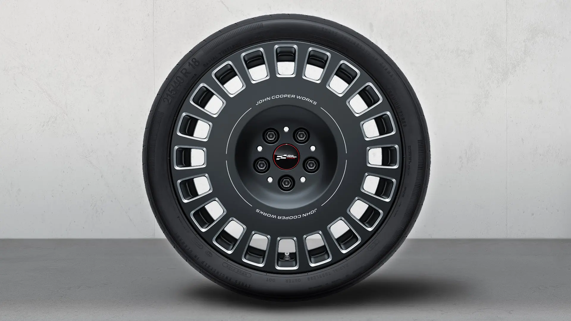 18" JCW Leichtmetallrad Rallye Spoke 964 Bicolor (Frozen Midnight Grey, poliert), Sommerkomplettradsatz.