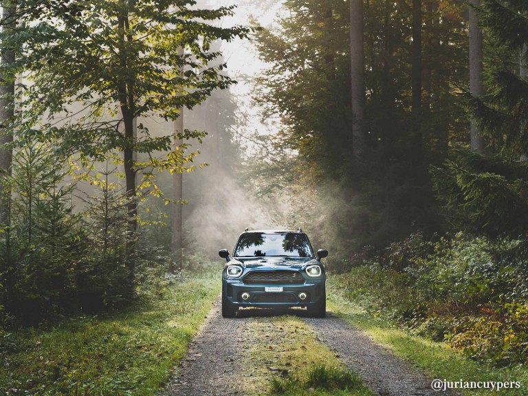 MINI Cooper fährt zielsicher auf einem einsamen Waldweg.