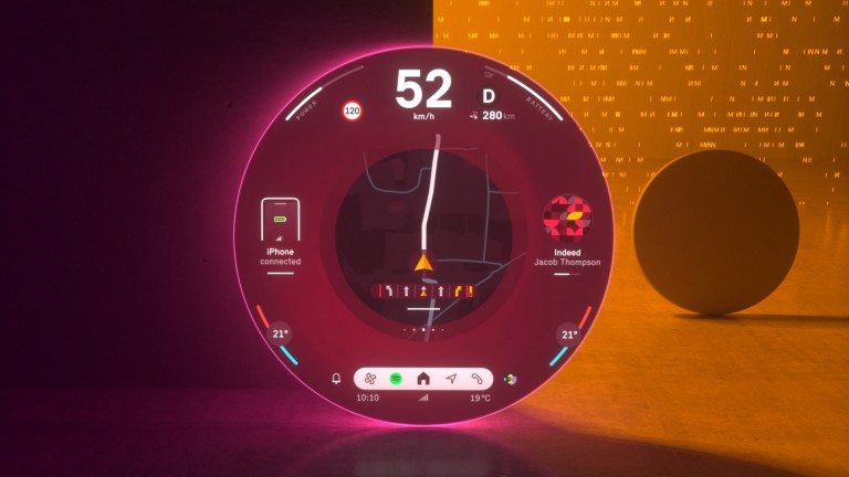 Das runde MINI Display zeigt den Navigationsbildschirm im Vivid-Modus an