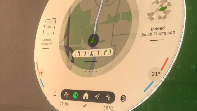 Detailaufnahme des runden MINI Displays mit Navigationsbildschirm und Steuerelementen