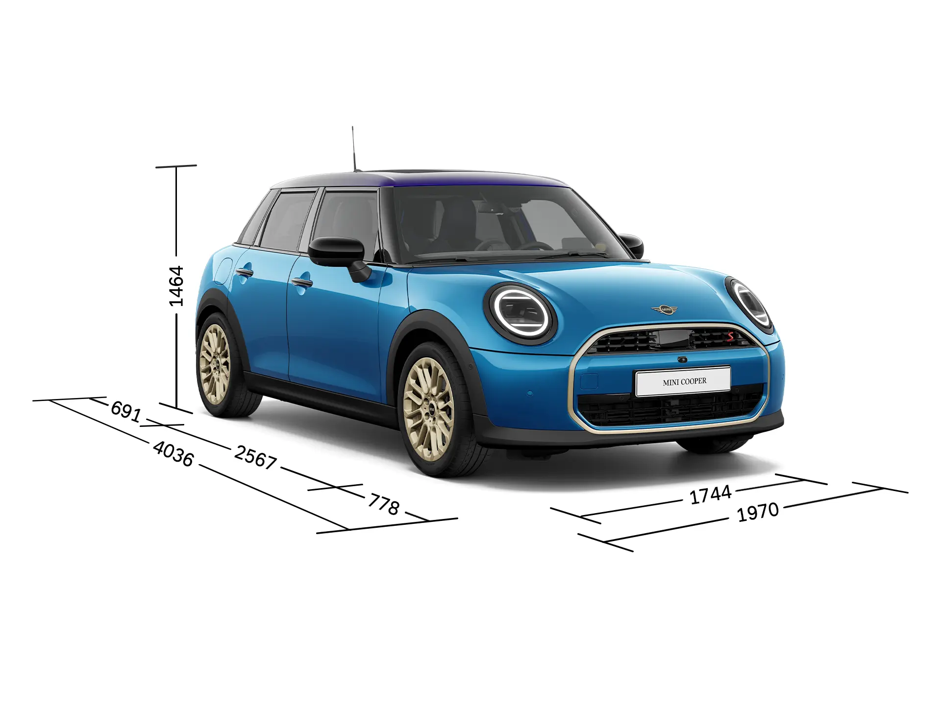 MINI Cooper 5 Porte - Vista frontale con dimensioni